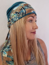 Turban damski drapowany — turkusowy w liście