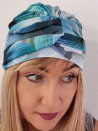 Turban damski drapowany — turkusowo-granatowy w kwiaty