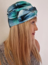 Turban damski drapowany — turkusowo-granatowy w kwiaty