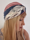 Turban damski drapowany — brudny róż i granat w liście
