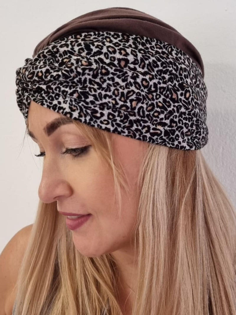Turban damski drapowany — brązowy w deseń panterki