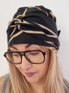 Turban damski drapowany — czarny w beżowe linie