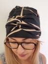 Turban damski drapowany — czarny w beżowe linie