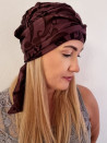 Turban damski drapowany — śliwkowy w roślinny wzór
