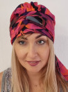 Turban damski z szarfą — różowo-pomarańczowy wzorzysty