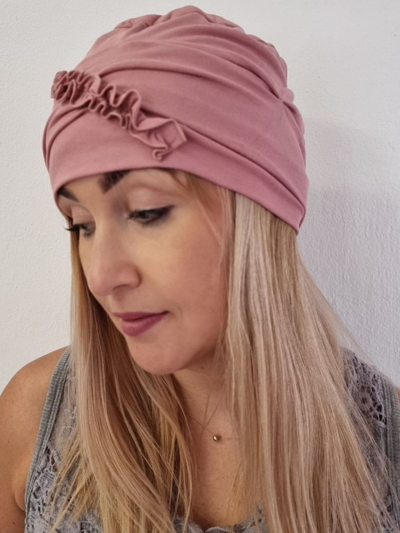 Turban damski z falbanką — brudny róż