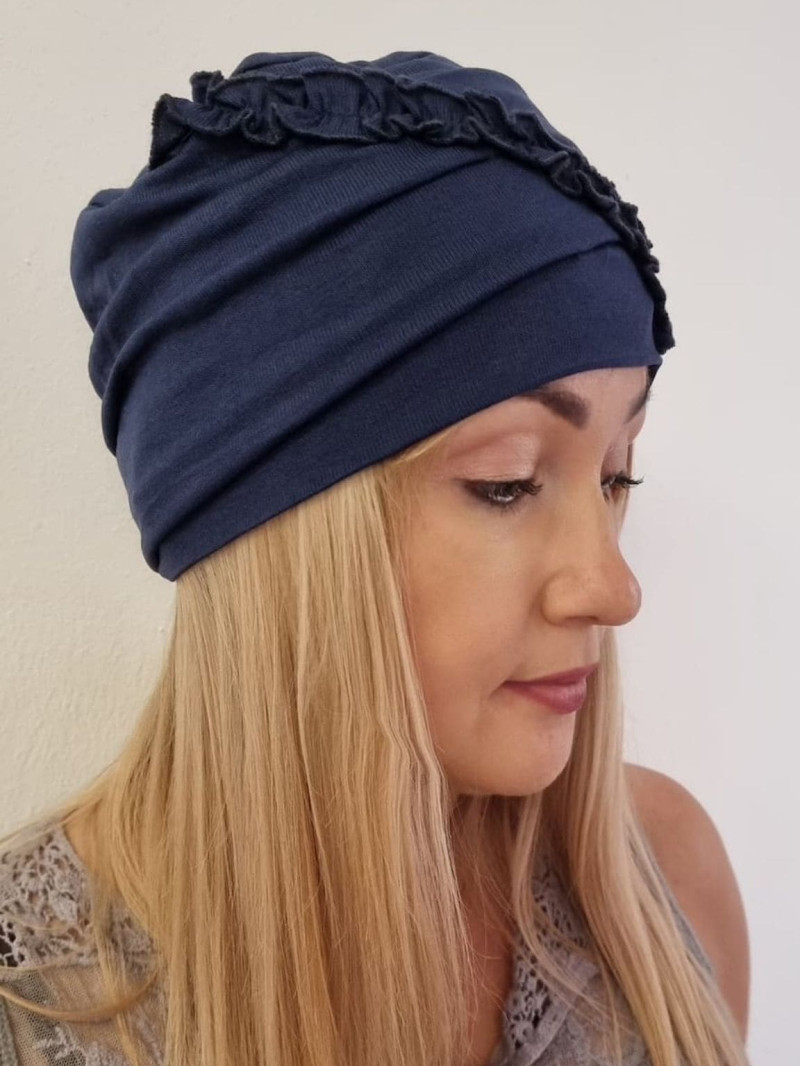 Turban damski z falbanką — granatowy