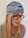 Turban damski drapowany — niebiesko-biały wzór ornamentalny
