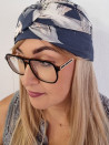 Turban damski drapowany — granatowy w beżowe liście