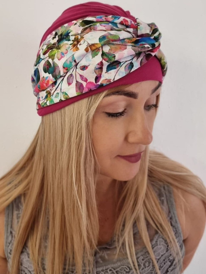 Turban damski amarantowy w kolorowe kwiaty