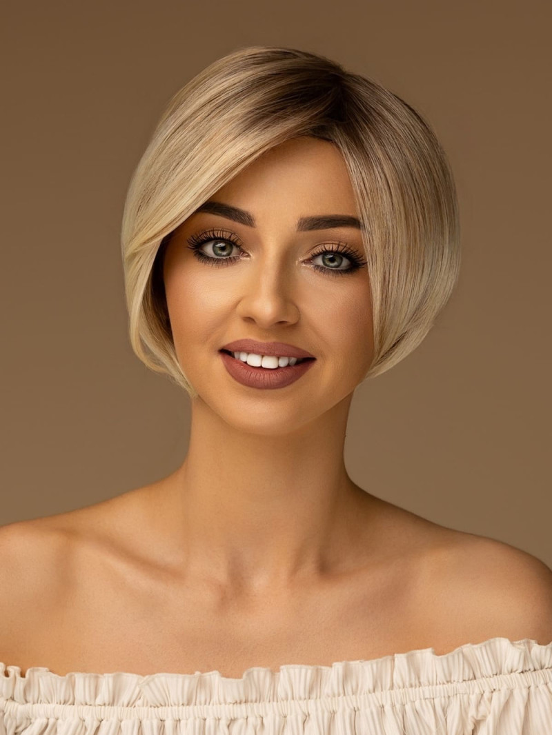 Peruka damska krótka krótki gładki bob jasny blond z odrostem – ALESSIA