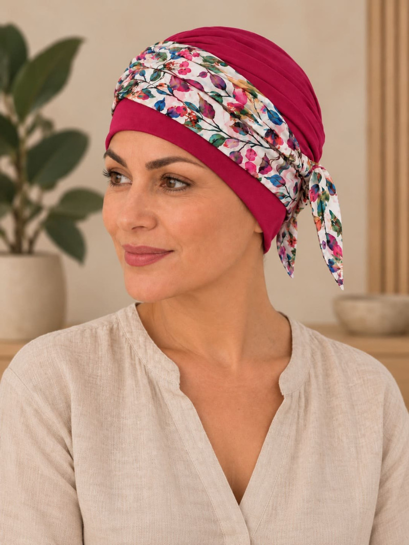 Turban damski amarantowy w kwiaty z wiązaniem z boku