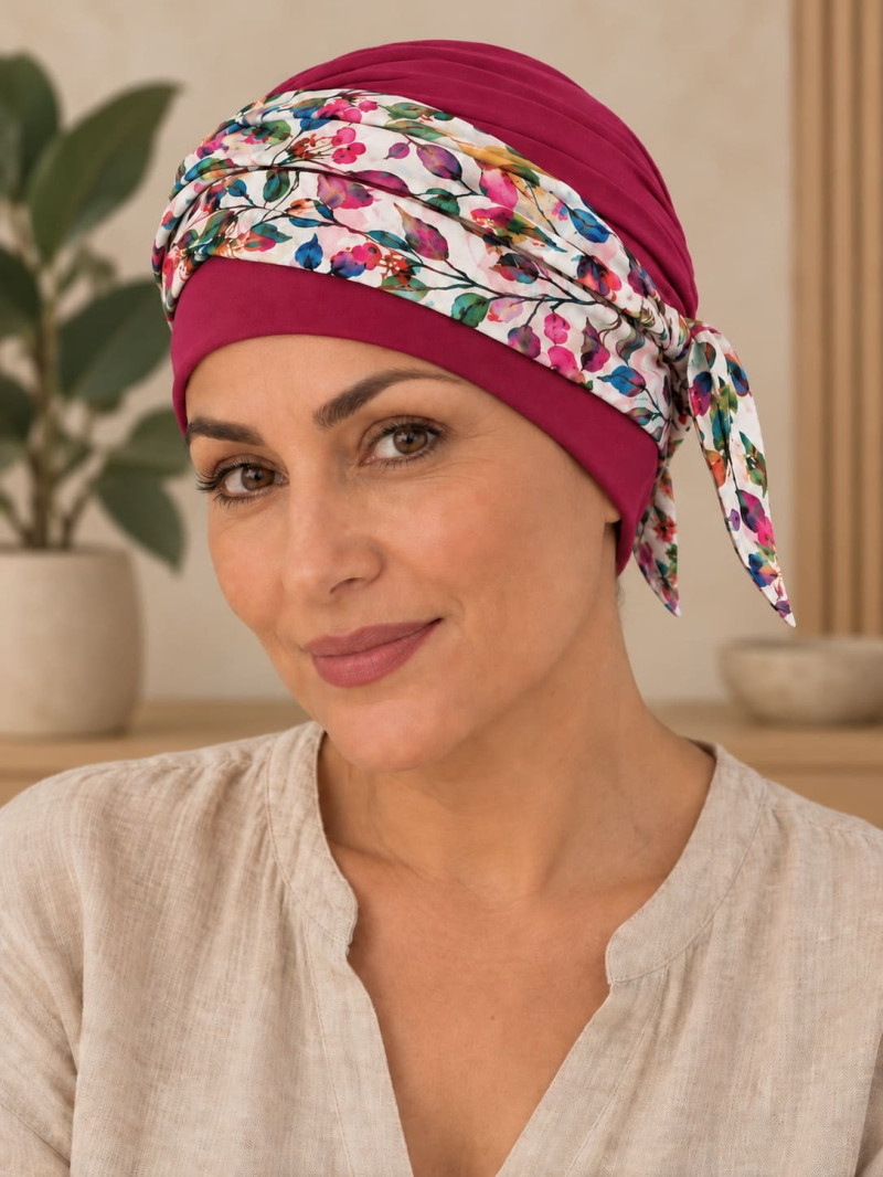 Turban damski amarantowy w kwiaty z wiązaniem z boku