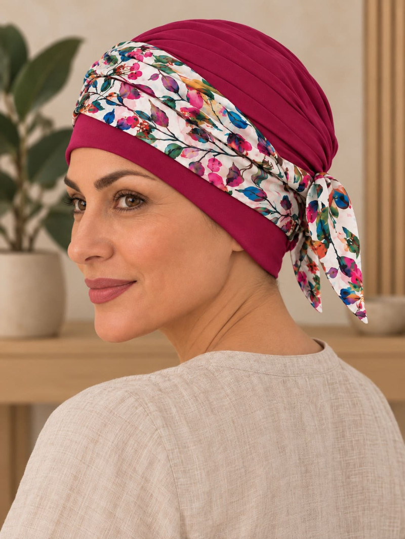 Turban damski amarantowy w kwiaty z wiązaniem z boku