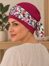 Turban damski amarantowy w kwiaty z wiązaniem z boku