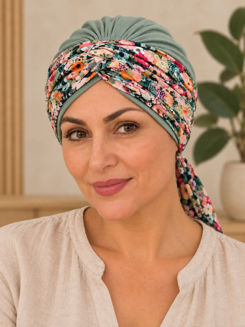 Turban damski drapowany szałwiowy w kolorowe kwiaty