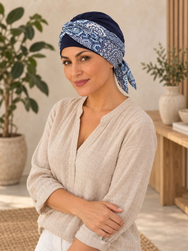 Turban damski drapowany granatowy w białe ornamenty M23
