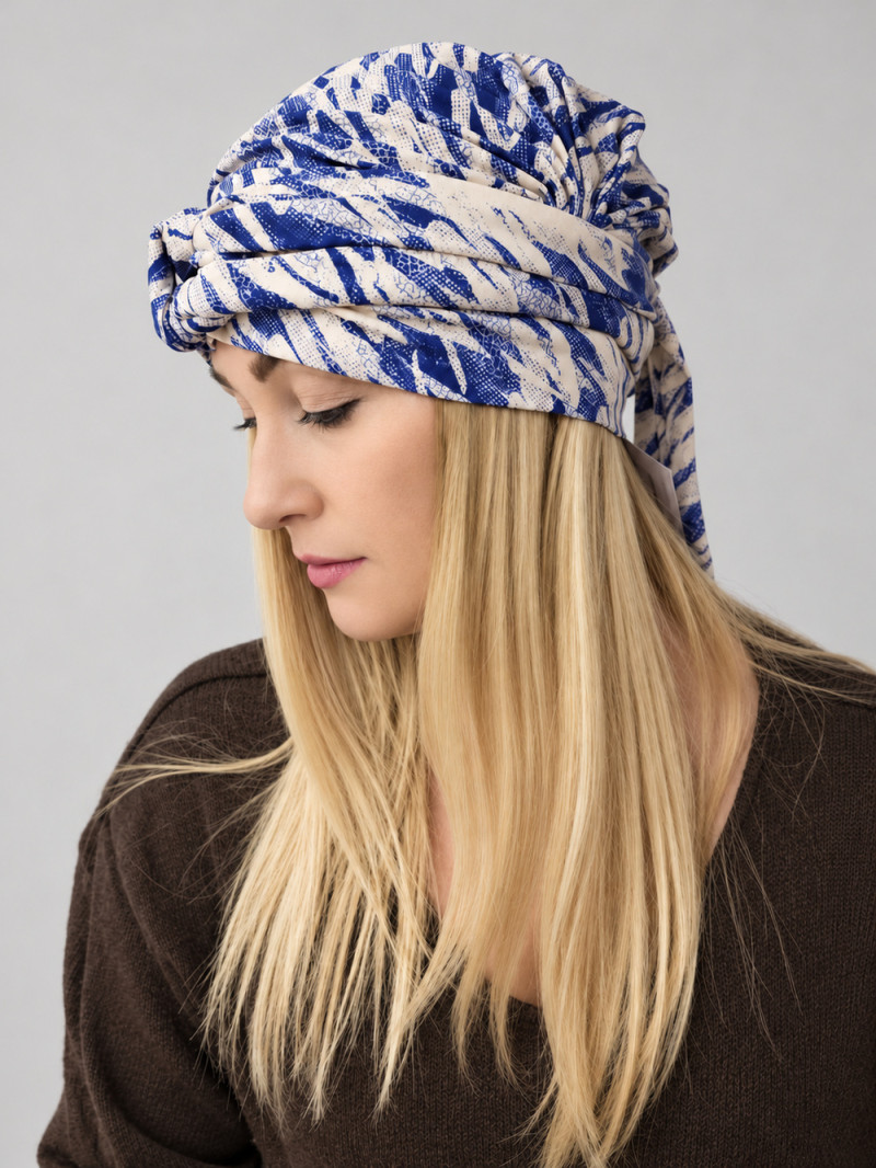 Turban damski z wiązaniem – granatowo-kremowy wzór – zdjęcie 3