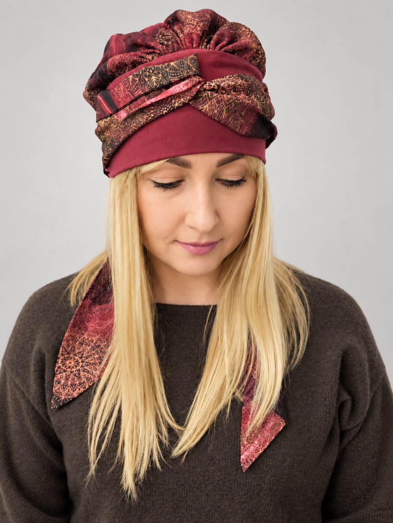 Turban z długą chustą – bordowy ornament – zdjęcie 1