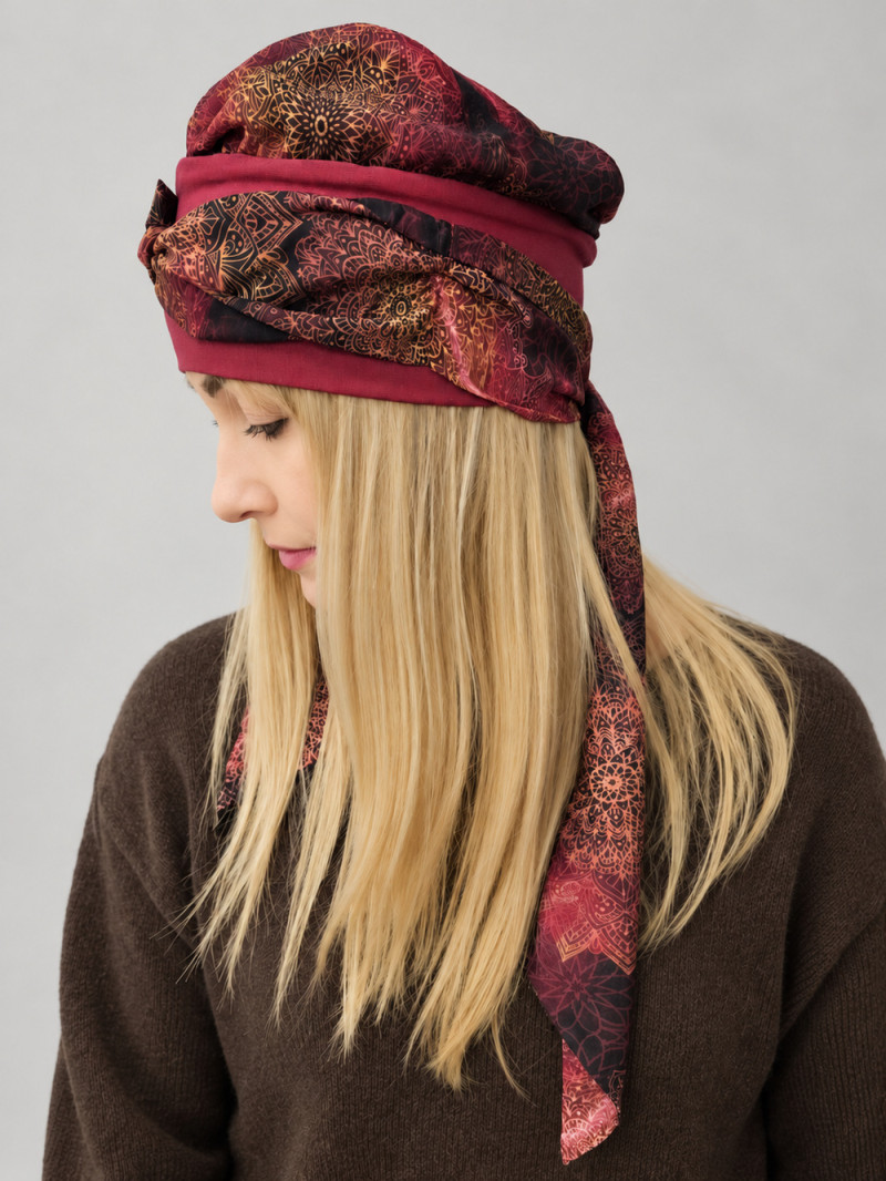 Turban z długą chustą – bordowy ornament – zdjęcie 3