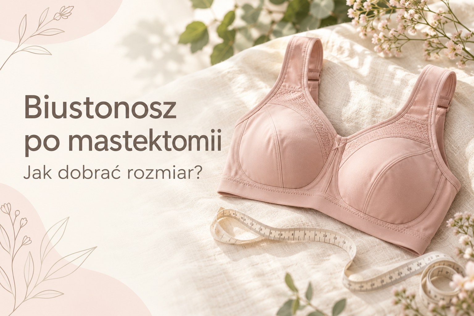 Pudroworóżowy biustonosz po mastektomii obok miarki krawieckiej.