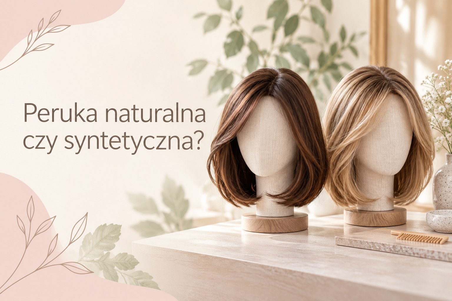 Dwie peruki w odcieniach brązu i blondu na stojakach – ilustracja porównania rodzajów peruk.